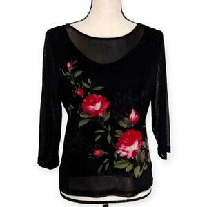 Women's Vintage Y2K Emma James Floral Semi Sheer Black Top 90s